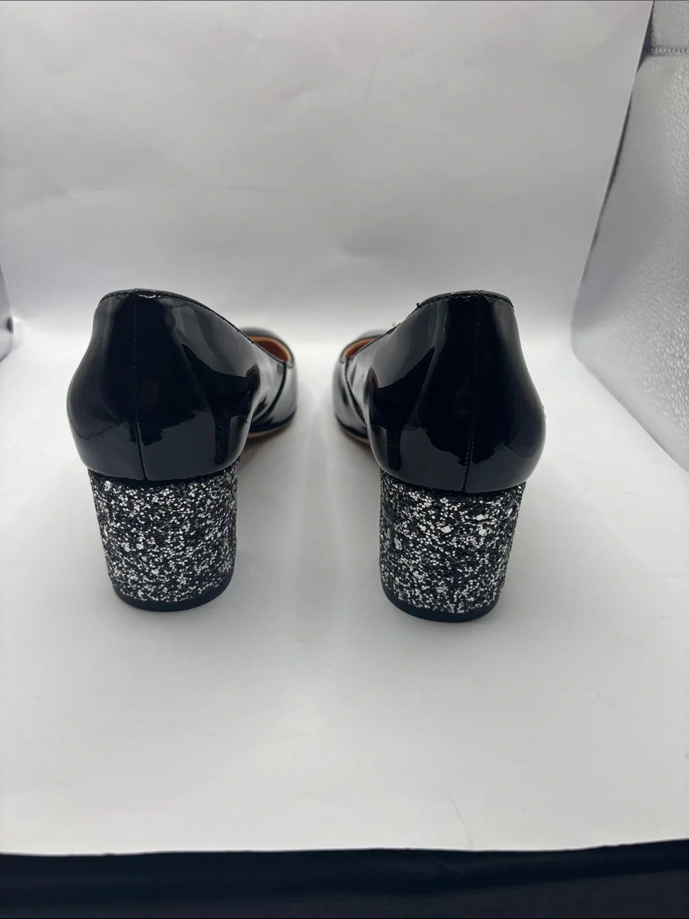 kate spade Black Patent Leather Rounded Square Toe glitter heels